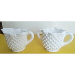 Vintage Fenton Ruffled Edge Hobnail Milk Glass Sugar Bowl & Cream Pitcher 1960's